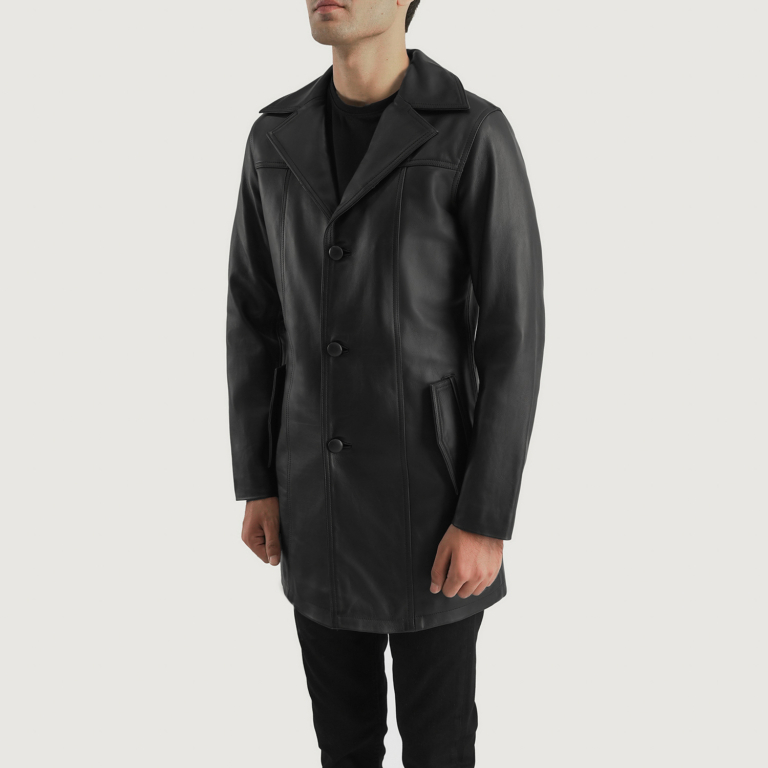 Mens Brawnton Black Leather Coat Side Pose-3-1700480151134